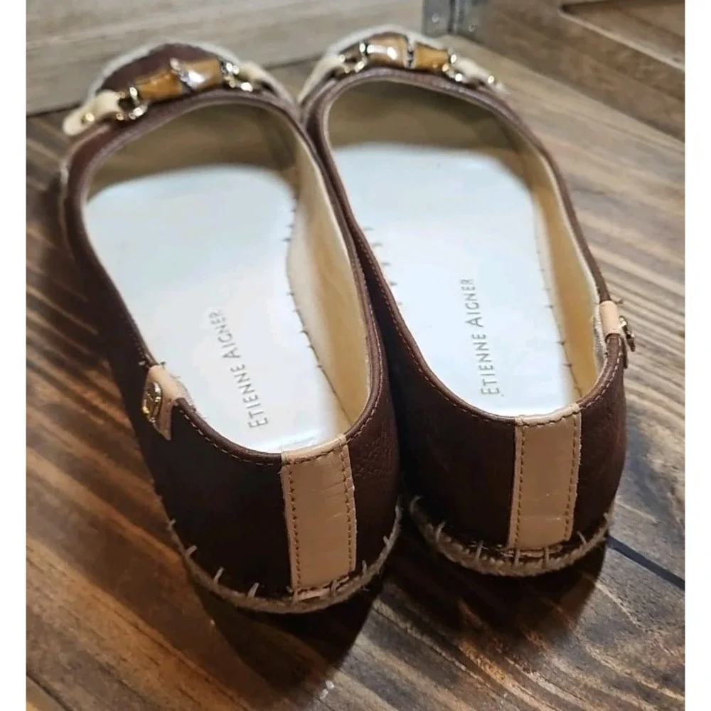 Vtg Etienne‎ Aigner Espadrille Ballet Flats 7.5 Brown Leather Bamboo Boho #427